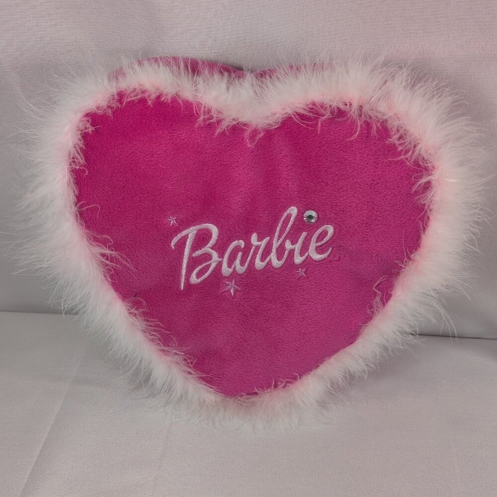 Barbie Pillow Pink Feather Heart Embroidered Rhinestone Mattel Y2K Furry Shaped